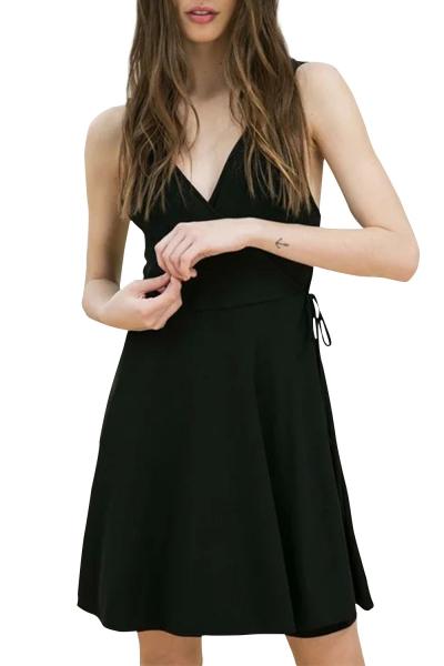 Oasap Fashion Black Side Lace-up Deep V Backless Trapeze Dress