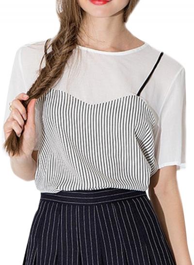 Oasap Women's Color Block Striped Spaghetti Strap Paneled Chiffon Blouse