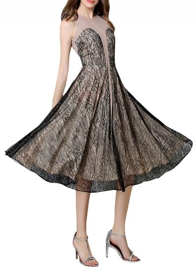 Oasap Women's Elegant Sleeveless Lace Patchwork Party Midi Dress