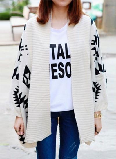 Oasap Fashion Long Sleeve Geo Printed Open Front Irregular Cardigan