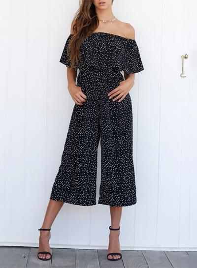 Oasap Polka Dot Flounce Sleeve Wide Leg Jumpsuit