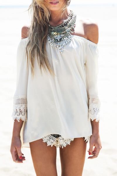 Oasap Fashion Slash Neck Crochet Chiffon Blouse