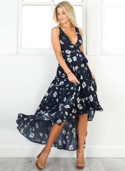 Oasap V Neck Floral Sleeveless High Low Maxi Boho Dress