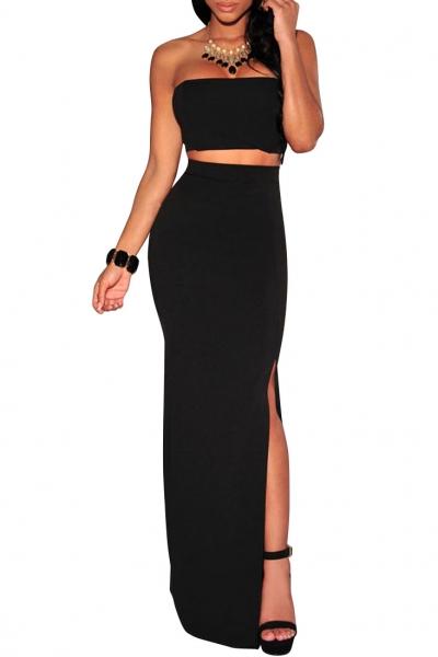 Oasap Black Strapless Slit Maxi Two Piece Skirt Set