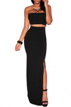 Oasap Black Strapless Slit Maxi Two Piece Skirt Set