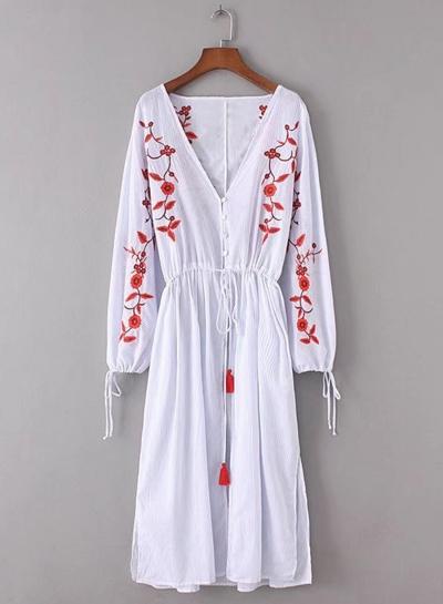 Oasap Striped V Neck Button Embroidered Drawstring Waist Dress