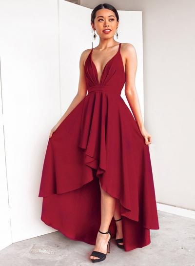 Oasap Fashion Irregular Solid Spaghetti Strap V Neck Maxi Dress