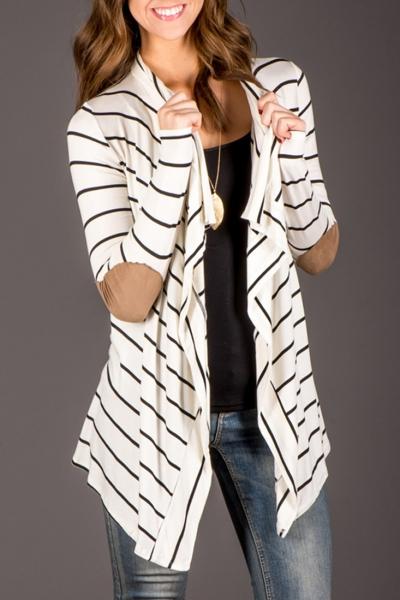 Oasap Chic Striped Elbow Patch Open Front Cardigan