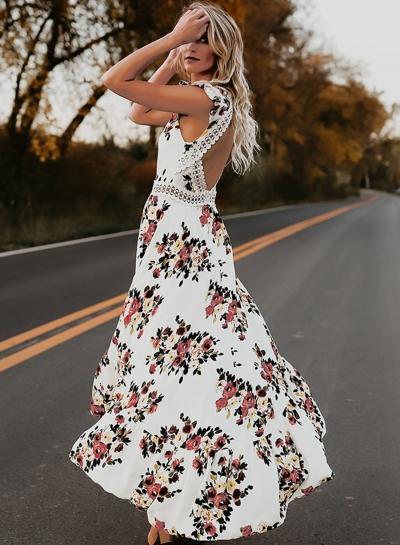 Oasap Irregular Floral Printed Sleeveless V Neck Women Swallowtail Maxi Dress