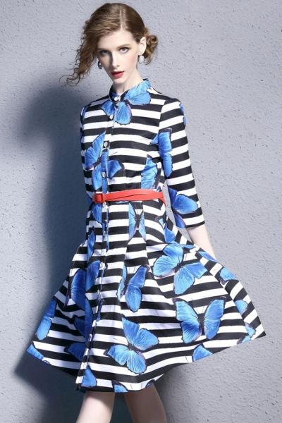 Oasap Fashion Butterfly Print Collar Button Down Dress