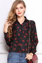 Oasap Chic Red Lip Print Long Sleeve Blouse