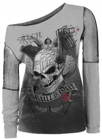 Oasap One Shoulder Long Sleeve Halloween Skull Tee