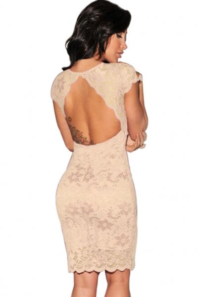 Oasap Beige Enticing Lace Surface Backless Bodycon Dress