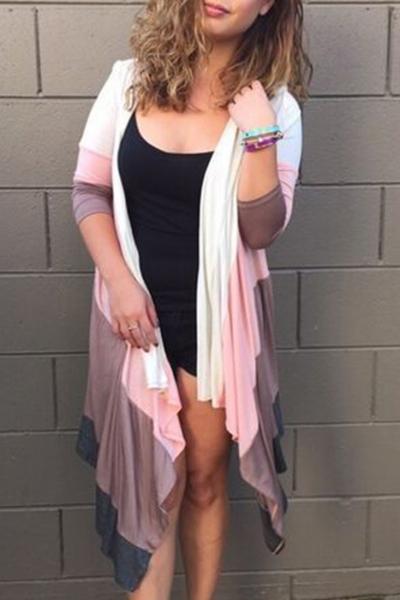 Oasap Fashion Color Blocked Dropped Hem Cardigan