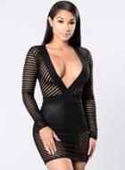Oasap Deep V Neck Long Sleeve Striped Dress