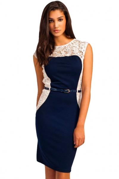 Oasap White Lace Patchwork Navy Vintage Dress With Belt