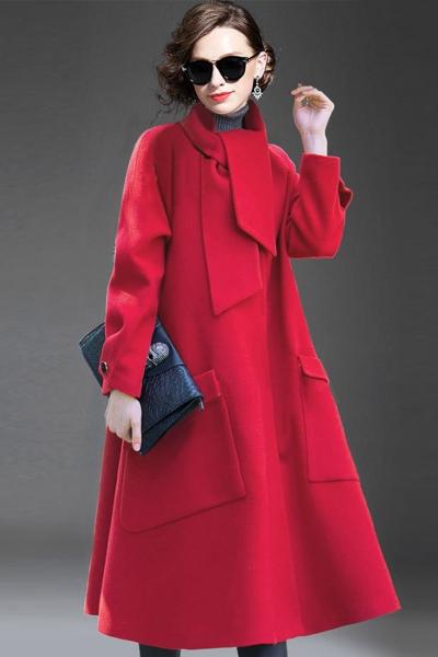 Oasap Fashion Tie Neck Loose Fit Patch Pocket Coat