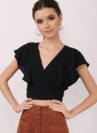 Oasap V Neck Ruffle Solid Crop Top