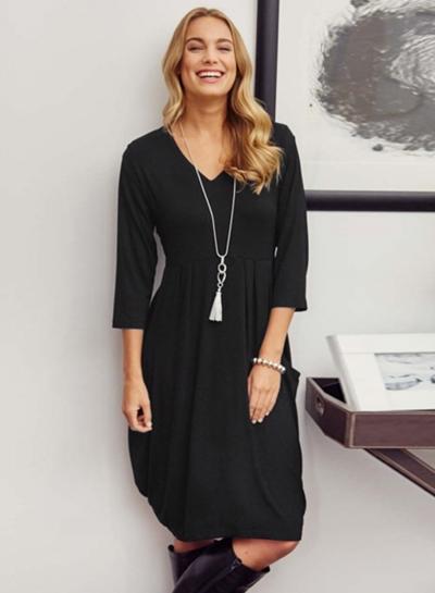Oasap V Neck Solid Color 3/4 Sleeve Ruffle Dress With Pockets