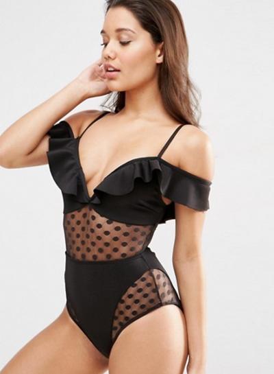Oasap One Piece Deep V-neck Polka Dot Swimsuit