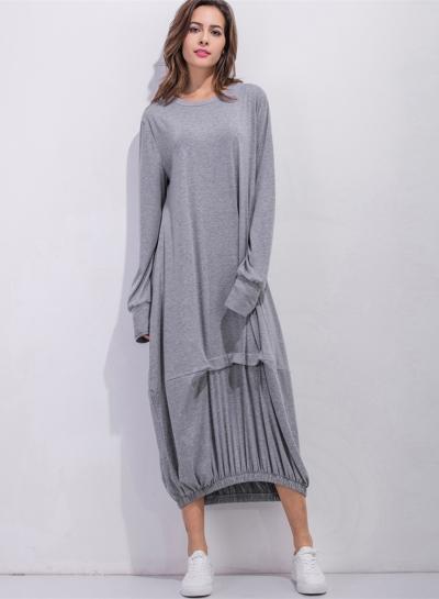 Oasap Solid Color Loose Fit Long Sleeve Round Neck Irregular Maxi Dress