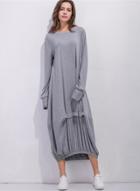 Oasap Solid Color Loose Fit Long Sleeve Round Neck Irregular Maxi Dress