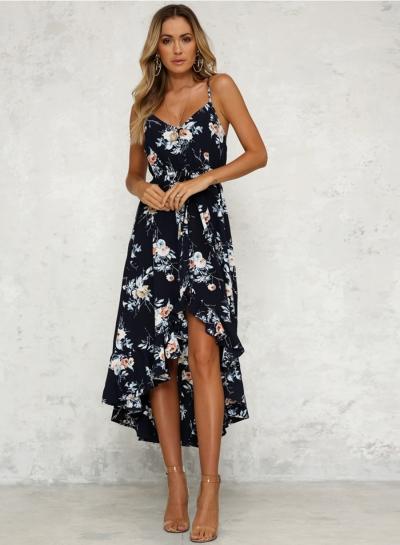 Oasap Fashion Sexy Iregular Floral Printed Spaghetti Strap Backless Midi Dress