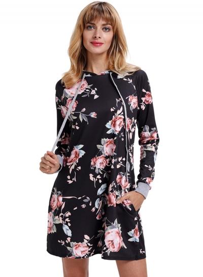Oasap Floral Long Sleeve Hooded Dress