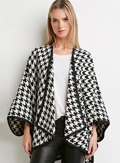 Oasap Open Front Batwing Sleeve Plaid Coat