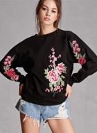 Oasap Round Neck Floral Embroidery Long Sleeve Pullover Sweatshirt