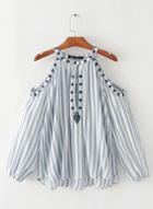 Oasap Round Neck Off Shoulder Hollow Out Striped Blouse