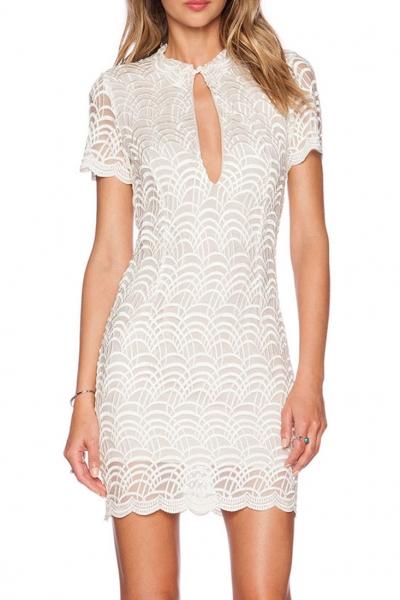 Oasap White Lacy Fish Scale Fashion Mini Dress