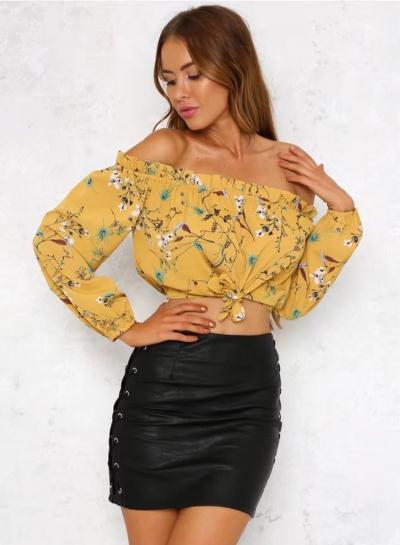 Oasap Floral Printed Off Shoulder Long Sleeve Cropped Blouse