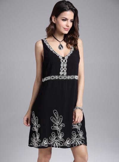 Oasap V Neck Embroidery Sleeveless Midi Dresses