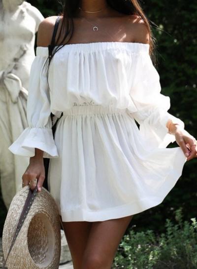Oasap Off Shoulder Elastic Waist Solid Dress