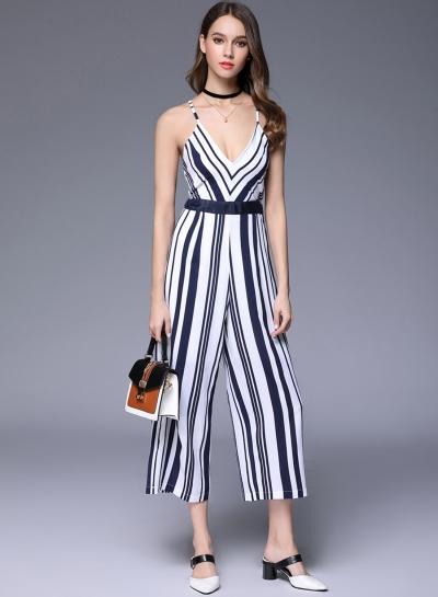 Oasap Strap Striped Sleeveless Backless Wide Leg Jumpsuit