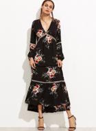 Oasap Floral Print V Neck Long Sleeve Maxi Dress