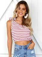 Oasap One Shoulder Sleeveless Striped Printed Crop-top