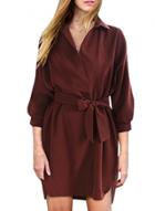 Oasap Women's Fashion Solid Color Stand Collar Tie Waist Dress