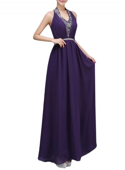 Oasap Women's Halter Backless Rhinestone Maxi Evening Chiffon Dress