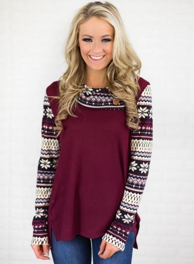 Oasap Turn-down Collar Print Sleeve Pullover Sweatshirt