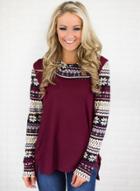Oasap Turn-down Collar Print Sleeve Pullover Sweatshirt