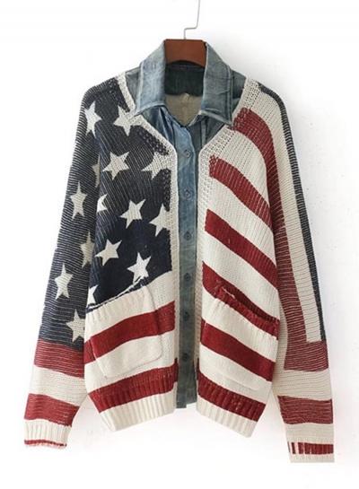 Oasap Denim Turn Down Collar Splicing Striped Stars Printed Cardigans