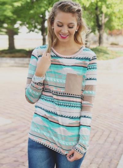 Oasap Round Neck Long Sleeve Striped Printed Pullover Tee Shirt