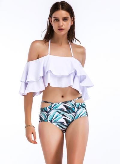 Oasap Slash Neck Flounce Hem Printed Swimwear