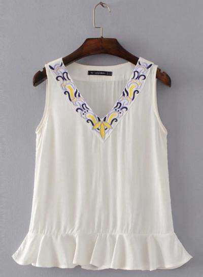 Oasap V Neck Floral Embroidery Sleeveless Ruffle Tank