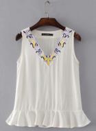 Oasap V Neck Floral Embroidery Sleeveless Ruffle Tank