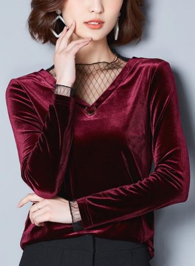Oasap Long Sleeve Net Yarn Splicing Blouse