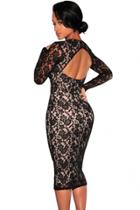 Oasap Black Lace Long Sleeves Padded Midi Dress