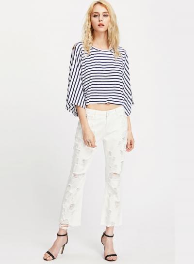 Oasap Fashion Stripe Batwing Sleeve Cropped Tee